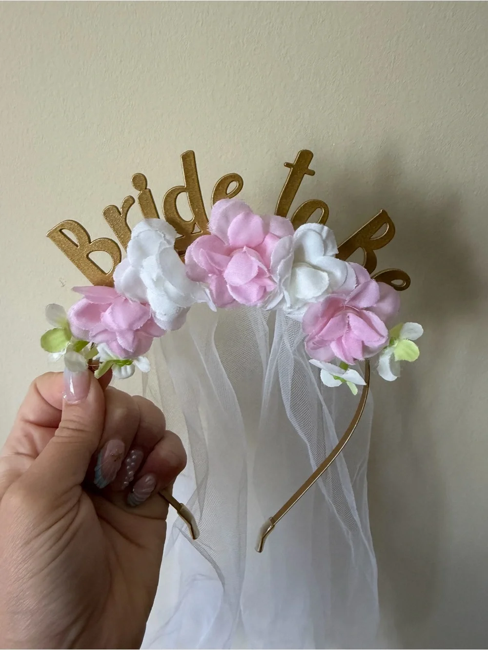 Bridal Floral Headband with Veil - Pink & White